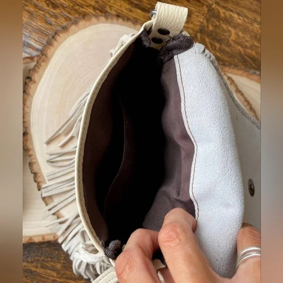 NWT White Genuine Leather White and Tan Fringe Shoulder Crossbody Messenger Bag